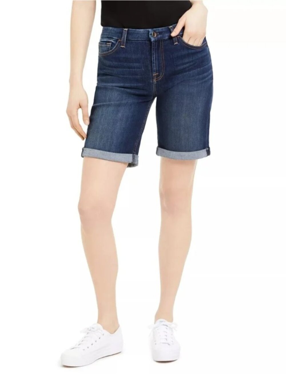 JEN7 Denim Bermuda Shorts With Rolled Cuffs, Slightly Distressed Size 2
